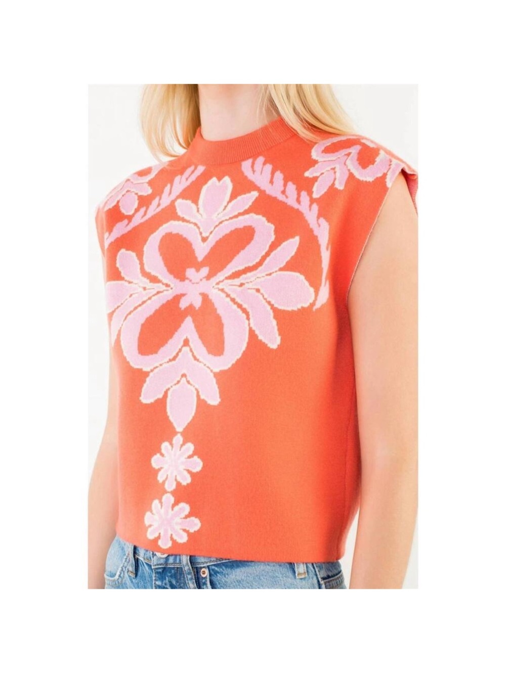 THML Bright Orange Knit Sweater with Pink Floral Motif size medium nwt